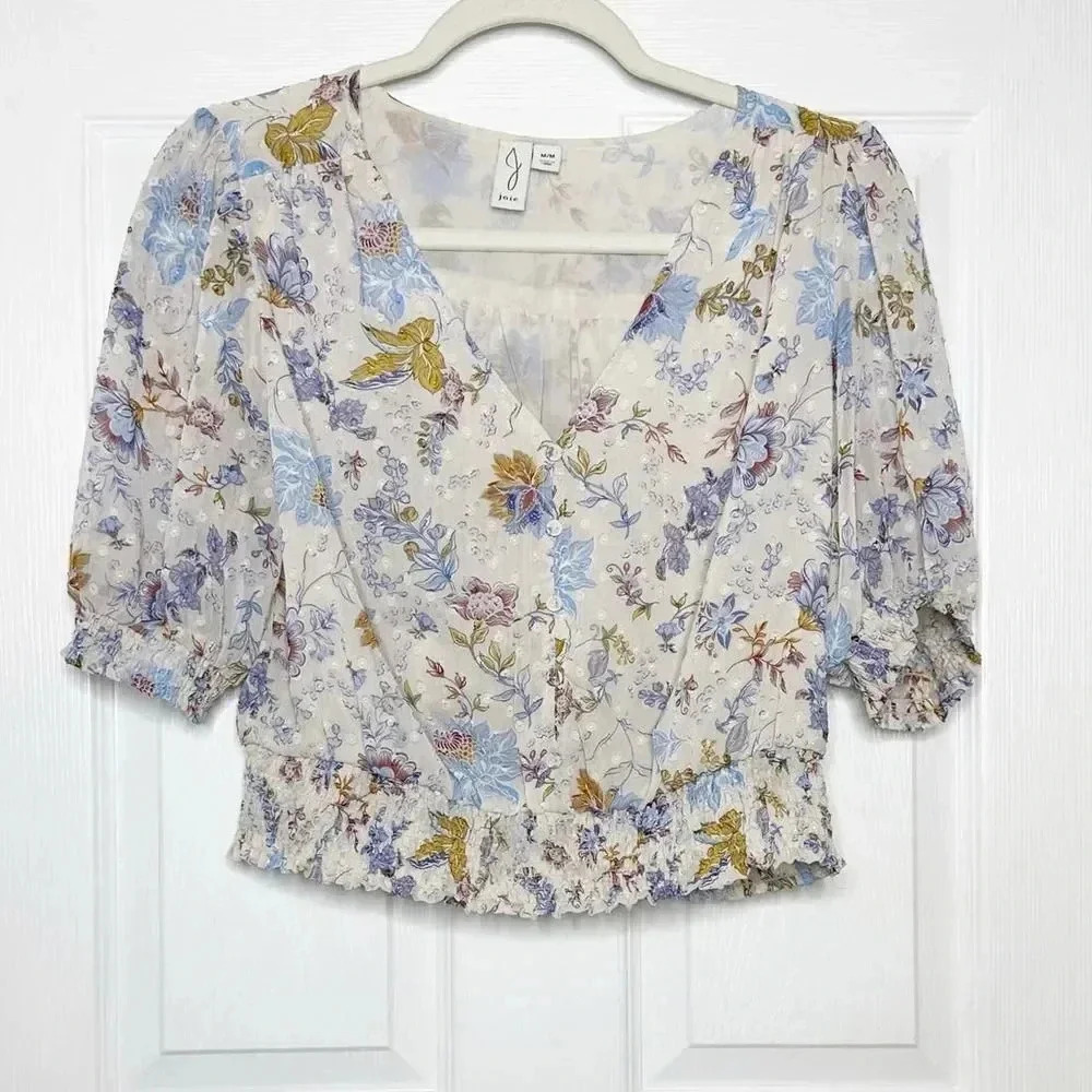 JOIE Cropped Floral‎ Blouse V-Neck Size Medium Cottagecore Homestead